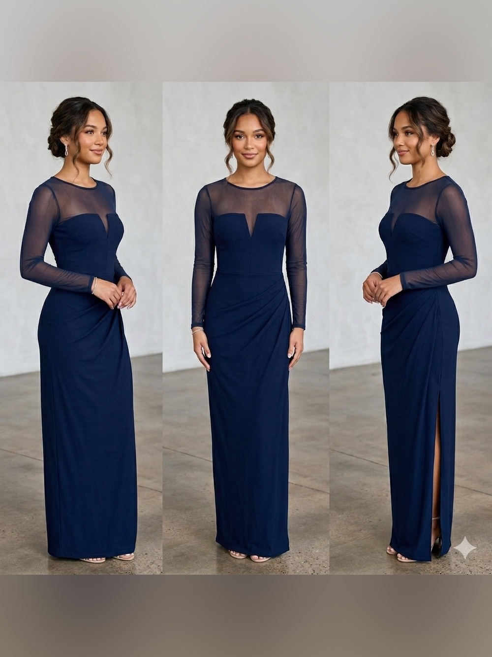 Ralph Lauren Evening Women's 10 Navy Blue Long Sleeve Illusion Mesh Gown Dress